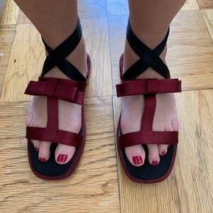Prada Red Maroon Satin Bow Flat Sandal